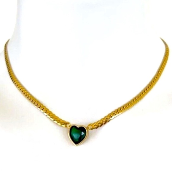 18K Gold Plated emerald green heart necklace snake stainless steel women jewelry - Picture 4 of 9